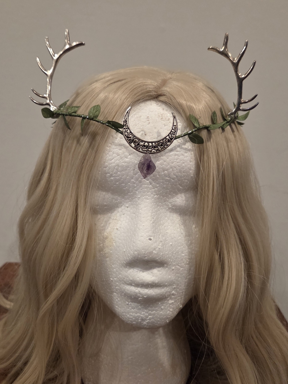 Silver Antler Moonheadpiece with Green Leaf Accents and Amethyst Charm